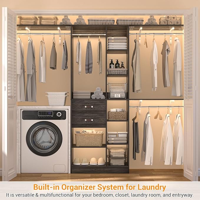 Armocity 8FT Heavy Duty Wood Closet System, 1500 LBS+ Capacity Wall Mounted Walk-in Closet Organizer with 2 Drawers & 4 Hanging Rods, 96'' Custom Bedroom Storage Wardrobe, Oak