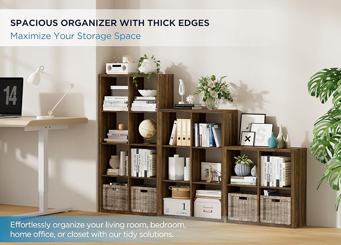 16 Cube Storage Organizer Bookcase, Thick Frame Wood Grain Storage Shelf, Rectangular Cube Open Back Display Unit, 48.8x9.4x48.8 Inches for Living Room, Bedroom, Home Office, Children's Room, Brown