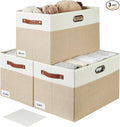Bagnizer Large Collapsible Fabric Storage Bins with 3 Handles, Foldable Organizer Baskets for Closet, Shelves, Living Room | 3 Pack, Durable PU & Metal Handles (17"x11.8"x11.8", Beige & White)