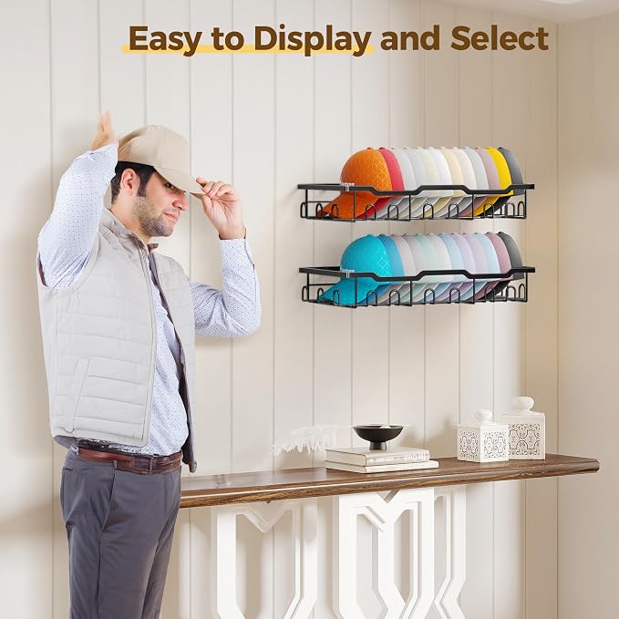 Nicetree Hat Racks for Base ball Caps Wall - Metal Hat Organizer for 48 Baseball Caps Holder, 2 Pack Baseball Hat Storage Organizer for Closet, Bedroom, Living Room
