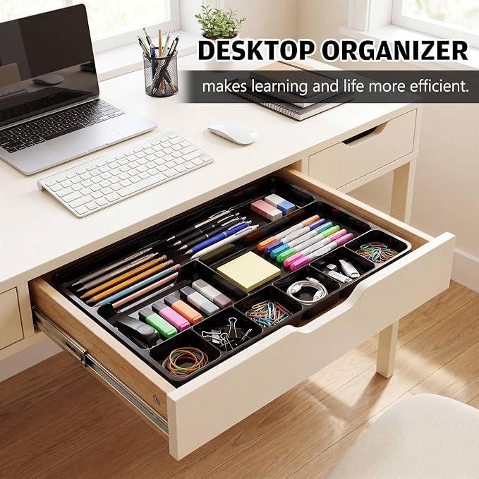 Junkin 2 Pcs Shallow Drawer Organizers 14" x 9" x 1" Desk Drawer Organizer Tray with 9 Storage Compartments for Home Office Classroom School Organizing Pens Paper Clips Sticky Notes (Black)