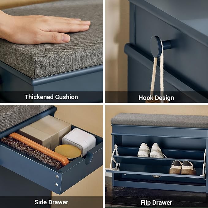 Haotian Shoe Storage Bench with Cushion, Navy Narrow Shoe Rack for Entryway, Small Shoe Cabinet with Flip-Drawer, Closet Hallway Mudroom FSR82-L-B