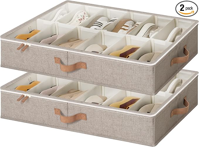 StorageWorks 2-Pack 24-Pair Under bed Shoe Storage Organizer, Taupe | Adjustable Dividers, Holds up to 12 Pairs Each, 5.25" Height, Fits 6-inch+ Clearance, Clear Top, For Closet, Bedroom