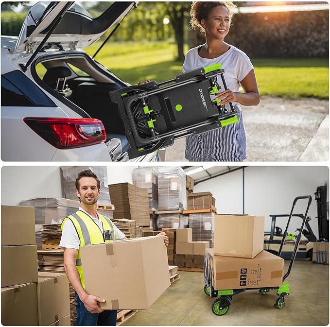 330LB Folding Hand Truck Heavy Duty Carrying, Combination of Four Wheels and Two Wheels Convertible Dolly Cart with Retractable Handle Dolly for Moving Office Carts(Green)