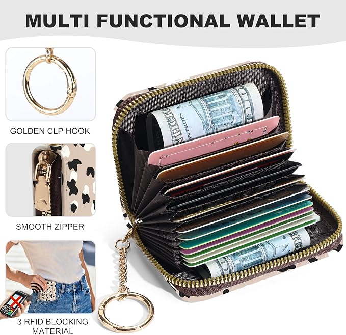 Credit Card Holder for Women,Small Rfid Wallet with Keychain Zipper,Cute PU Leather Card Case Wallet，Accordion Credit Card Wallets Gift,Leopard Print C