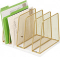 5-Section Vertical File Organizer for Desk, Gold | Sturdy Wood Base, Metal Mesh, Desktop File Holder, Upright Paper Folder Sorter