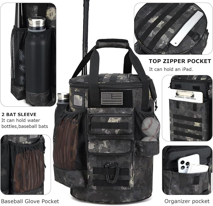 Baseball Bucket Bag Baseball Coaching Accessories Organizer Tactical Style Softball Bucket Bag with Anti-Slip Bottom, Multiple Pockets for Bat, Gloves, Scoreboards