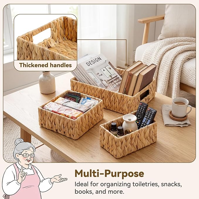 GRANNY SAYS Wicker Baskets for Shelves 3 Pack, Large Wicker Storage Baskets with Handles, Water Hyacinth Woven Basket for Organizing
