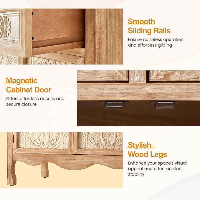 RoyalCraft 48" Tall Accent Cabinet with 2 Carved Doors and 2 Drawers，Vintage Wood Cabinet with Storage, French Country Sideboard Buffet for Small Spaces, Dining Room, Living Room & Hallway