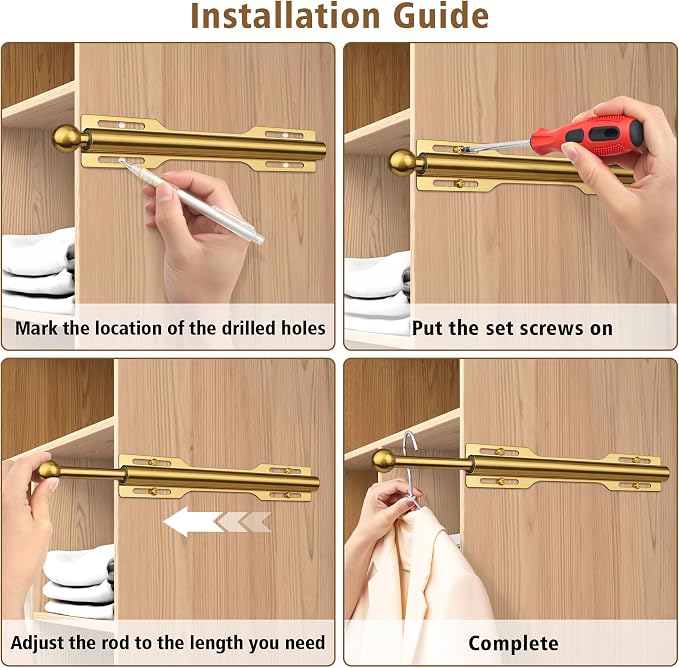 Valet Rod for Closet Pull Out, 12" Adjustable extending closet rod, Standard Retractable closet rod organization rack, Valet Clothing Hanger Rods Extender for Wardrobe Laundry Bathroom (Brushed Gold)