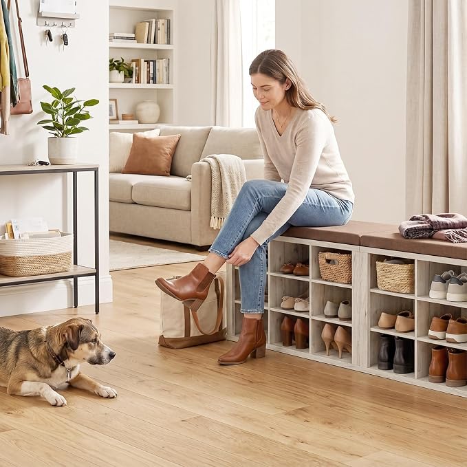 Shoe Rack Bench, Shoe Storage Bench with Cushion, Shoe Organizer 18 Cubbies for Entryway Hallway Bedroom Living Room, Holds Up to 400lbs