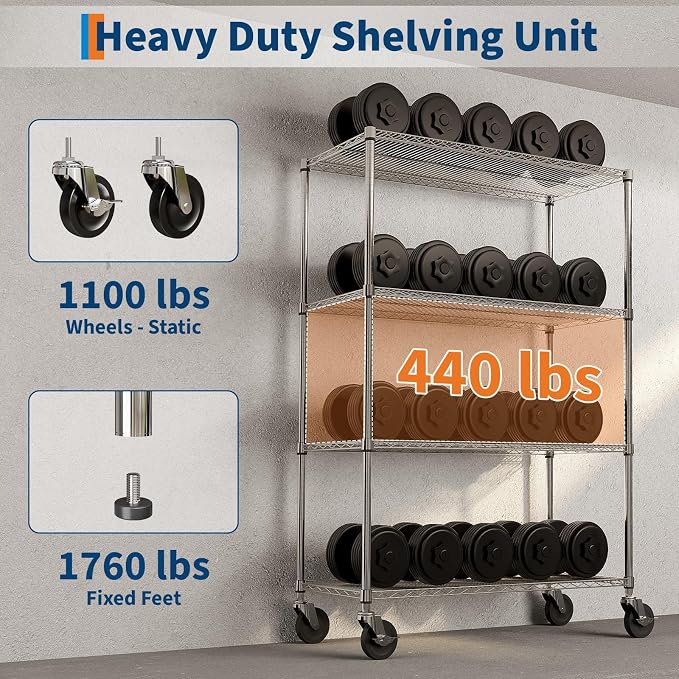 Garvee NSF Metal Shelving with Wheels, 4-Tier/1800LBS, 71"H Storage Shelves | Adjustable Wire Shelving Rack, Chrome Plating, Heavy Duty, Rolling Racks for Kitchen Commercial, 47.2"Wx17.7"D, Easy to Clean