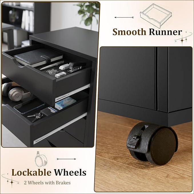 5 Drawer File Cabinet with Wheels, Under Desk Storage Drawers, Black | 5 Drawers File Cabinet with Wheels for Under Desk Storage, Office Organization and Small Printer Stand