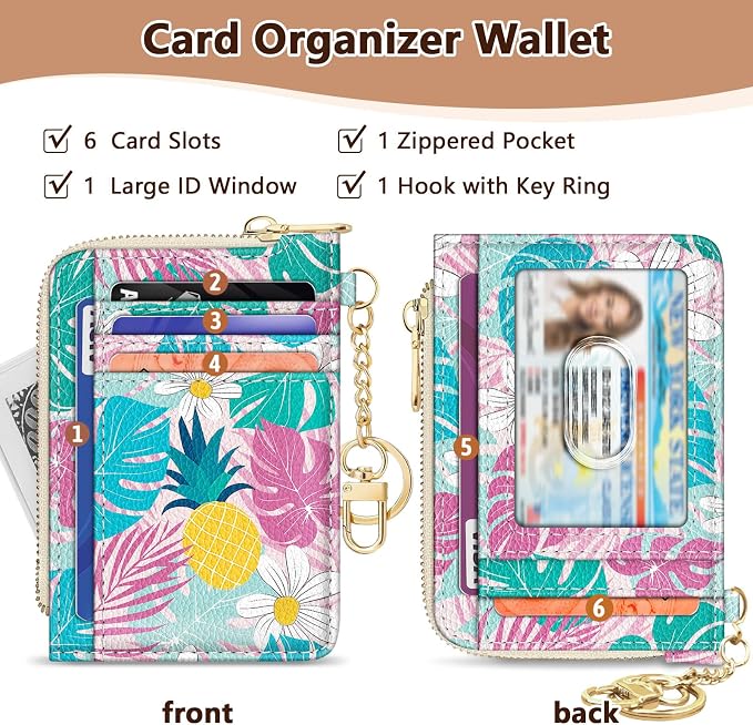 GIANCOMICS Slim Wallet Credit Card Holder Women, Tropical Pineapple Rfid Blocking Small Card Case, Keychain Thin Pocket Curved Zipper Wallet, Travel Card Holder PU Leather, Ladies Female Gift
