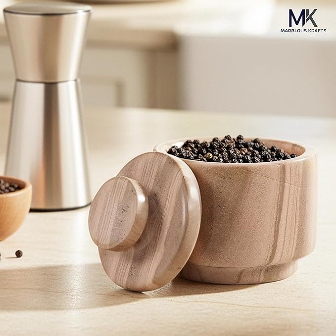 MARBLOUS KRAFTS Marble Salt Cellar 3 Inch Brown Salt Holder With Lid for Spice Jar & Stone Salt Container, Modern Sugar Bowl, Countertop Storage