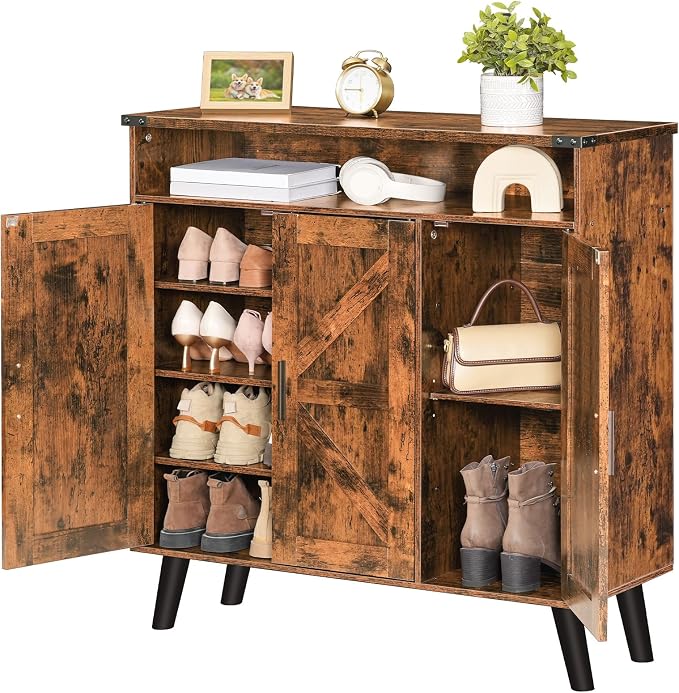 HOOBRO Shoe Cabinet for Entryway with 3 Doors, 39.4" Wooden Shoe Storage Cabinet, Large Capacity Organizer for Closet & Hallway, Freestanding, Rustic Brown FG20SC01