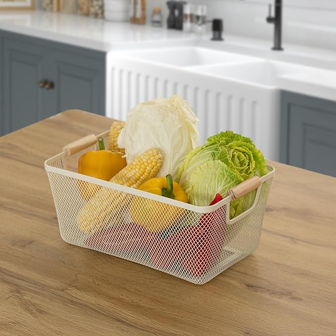 Basicwise Multipurpose Metal Mesh Basket with Wooden Handle Storage Organizer for Kitchen Pantry Bathroom Cabinet Closet Countertop Fruit Holder Picnic Food and Beverages Carrier and Home Decor, Large
