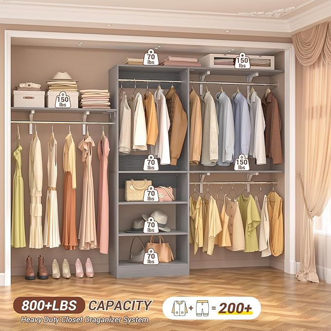 8FT Closet System with 3 Wooden Storage Shelves, 96'' Closet Organizer System with 3 Hanging Rods, Wall Mount Bedroom Wardrobe Walk-in Closet, Adjustable Garment Rack from 5 to 8FT (Cut to Fit), Grey
