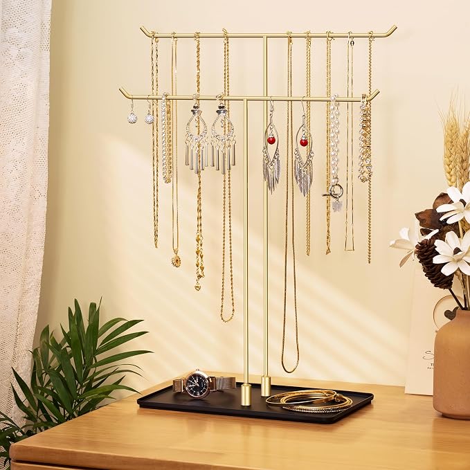 Necklace Holder Stand,Metal Jewelry Organizer for Home Decor,Black and Gold | Modern Design,Easy Assembly,Non-Slip EVA Pads,Gift for Woman,Necklace Display for Bedroom,Vanity and Dresser