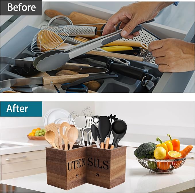 Suli Extra Large Utensil Holder Countertop for Corner Kitchen Counter | Acacia Wood,Hold 40 Utensils,Removable Divider,Spacesaving,Farmhouse Cooking Utensil Organizer for Spatula,Spoon,Ladle,Brown