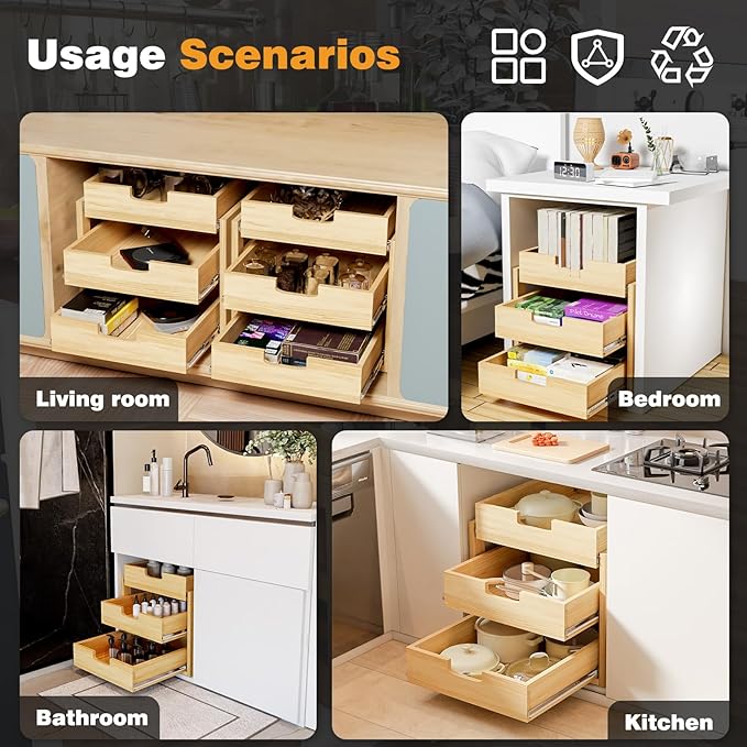 Pull Out Cabinet Organizer, 20''W×21''D Sliding Drawers for Cabinets, 3 Tier Soft Close Slide Out Wooden Pull out Drawers, Base Cabinet Organization for Kitchen, Pantry, Bathroom
