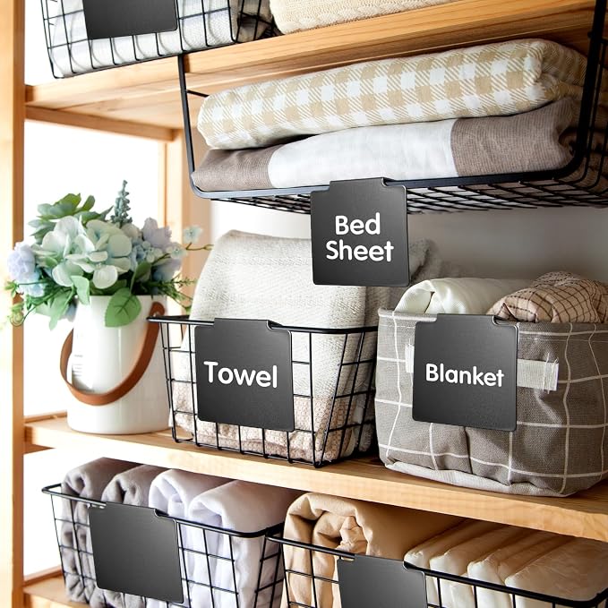 Siifert 50 Pcs Basket Labels Clip Set for Storage Bins - Include 48 Removable PVC Bin Label Holders with 2 Chalk Markers for Kitchen Pantry Organization Labeling Box Shelf (Black)