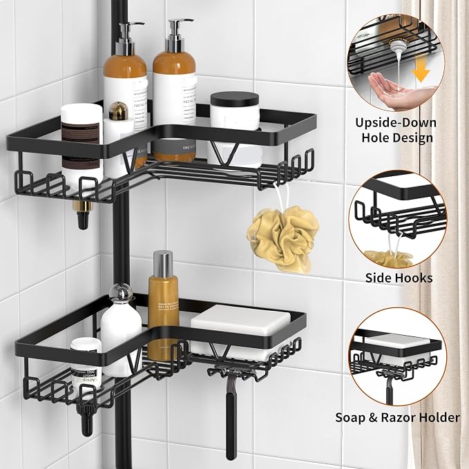 KEGII Corner Shower Caddy Tension Pole - Shower Tension Rod Organizer, Floor to Ceiling Shower Caddy 25-114.2 inch, Towel Rack Corner Waterproof, Black