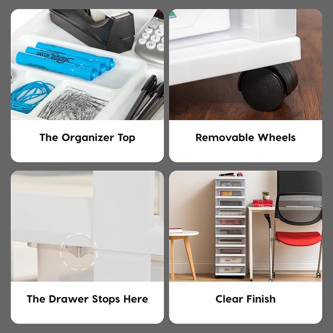 IRIS USA 10-Drawer Rolling Storage Cart, White/Clear | Keep craft supplies, office essentials, classroom items, and accessories organized with easy-access drawers for daily use