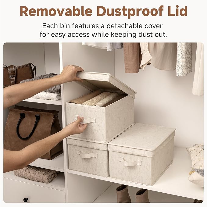 StorageWorks Fabric Storage Bins with Lids, Decorative Storage Bins with Soft Handles, Foldable Storage Baskets for Closet, Shelves, Stackable and Sturdy Organization, Beige, Large, 3-Pack