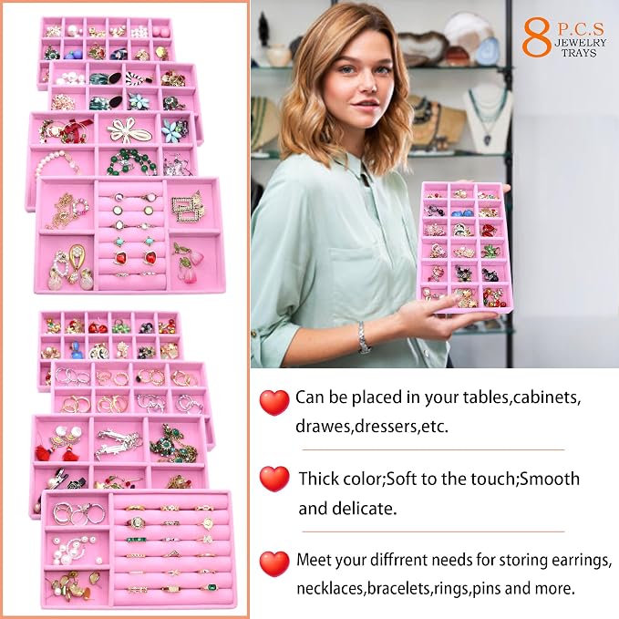 8 Pack Jewelry Organizer Tray Stackable Velvet Jewellry Drawer Inserts Earring Organizer Necklace Rings Bracelet Watch Jewelryy Display Case