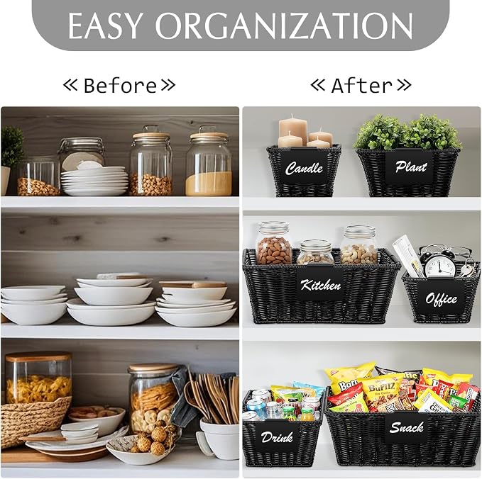 Marsui 6 Pcs Wicker Storage Baskets for Pantry Organization with Labels Handwoven Multi-size Black Wicker Storage Bins for Organizing Small Baskets Container for Shelves Closet Toilet