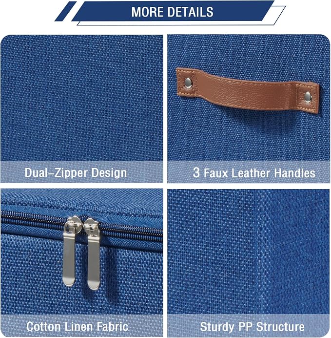 11inch Storage Boxes Cubes with Zipper Lid Collapsible Fabric Lidded Storage Bins Baskets PU Leather Handle Cotton Linen Decorative Shelf Closet Organizer Container (Blue, 1PCS)