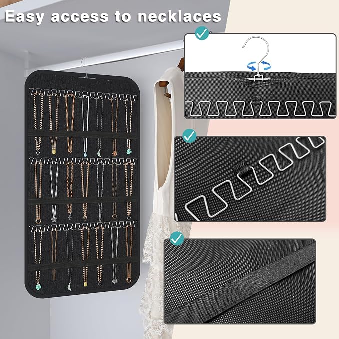 Double-Sided Hanging Jewelry Organizer for Necklaces Earrings, 2-Pack Black | Foldable 36 hooks & 40 clear pockets; swivel hook fits walls, doors & rods for earrings, bracelets, rings & small jewelry