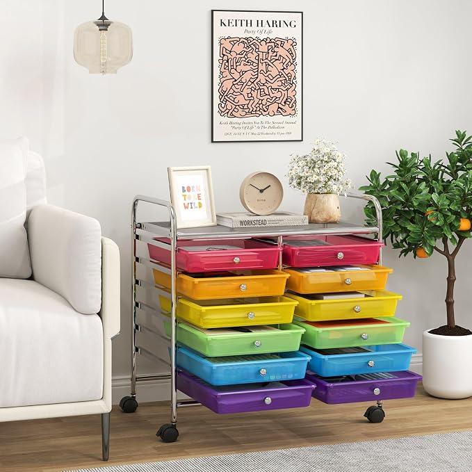 LDAILY 12 Drawer Rolling Storage Cart, Craft Cart Organizer on Wheels w/Metal Frame, Large Capacity & Smooth Drawer, Rolling Cart w/Drawers for Classroom, Office