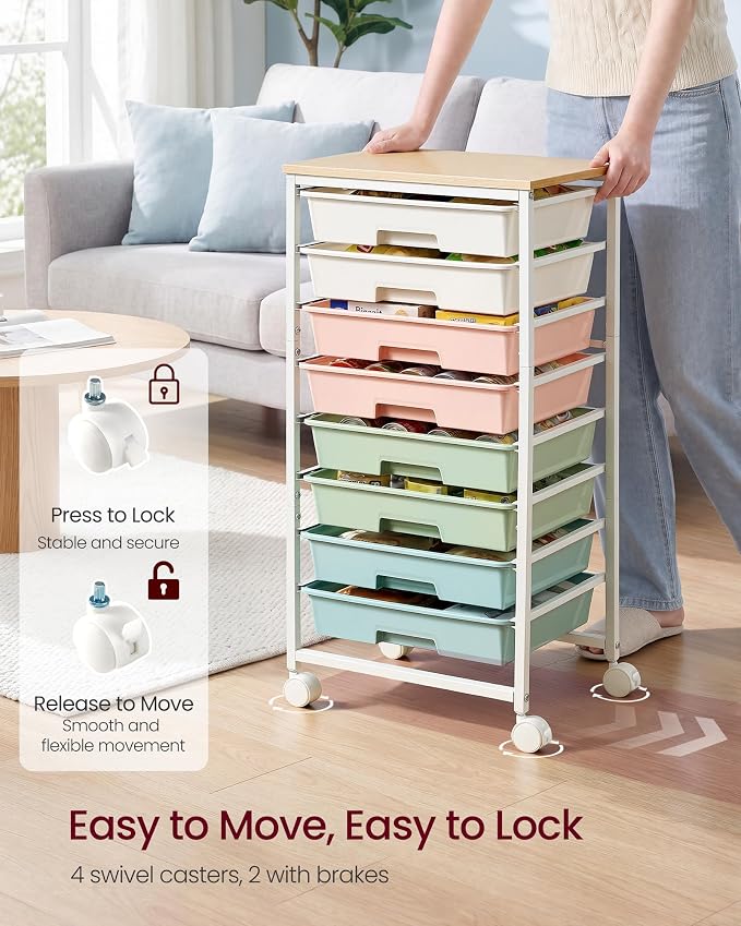 VASAGLE 8-Drawer Rolling Storage Cart, Utility Cart with Wheels and Wood Top, Craft Organizer for Office and Home, 15.6 x 11.2 x 30.1 inch, Multicolor, BENCO Collection ULRC006X101