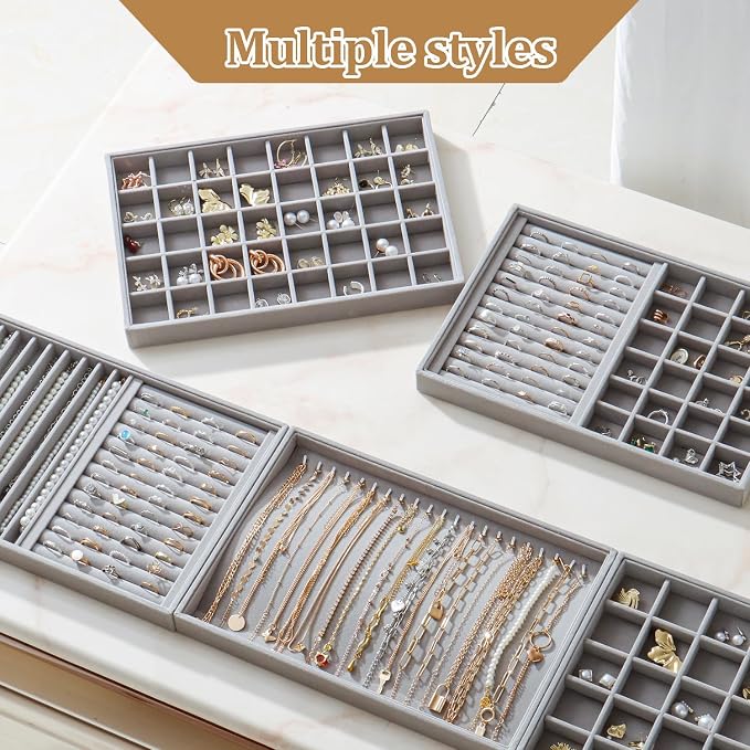 Large Jewelry Organizer for Drawer Insert Velvet Stackable Jewelry Trays for Earring Necklace Bracelet Ring Display (Gray, 20 Hooks)