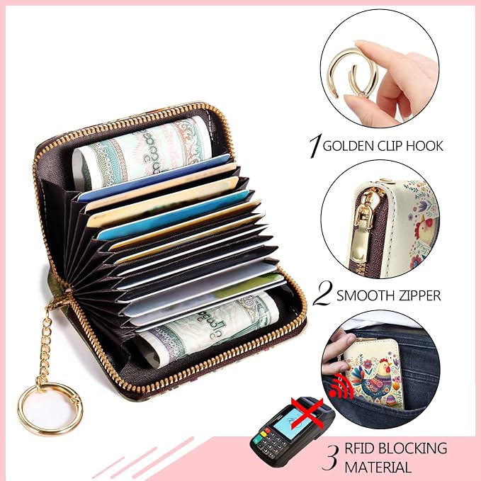 Blusabaca RFID Credit Card Holder Small Women Travel Wallet, Chicken Eggs | Removable Keychain, Case with Zipper, Vegan PU Leather, Cash Coin Pocket, Business Accordion Purse, Ladies Female Gift