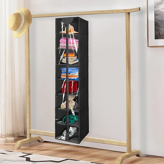 Libeder Hanging Closet Organizer, 8-Shelf Wardrobe Clothes Storage Organizer with Zipper,Hanging Shelves for Sweater,Shoes,Purse,Hats,Black