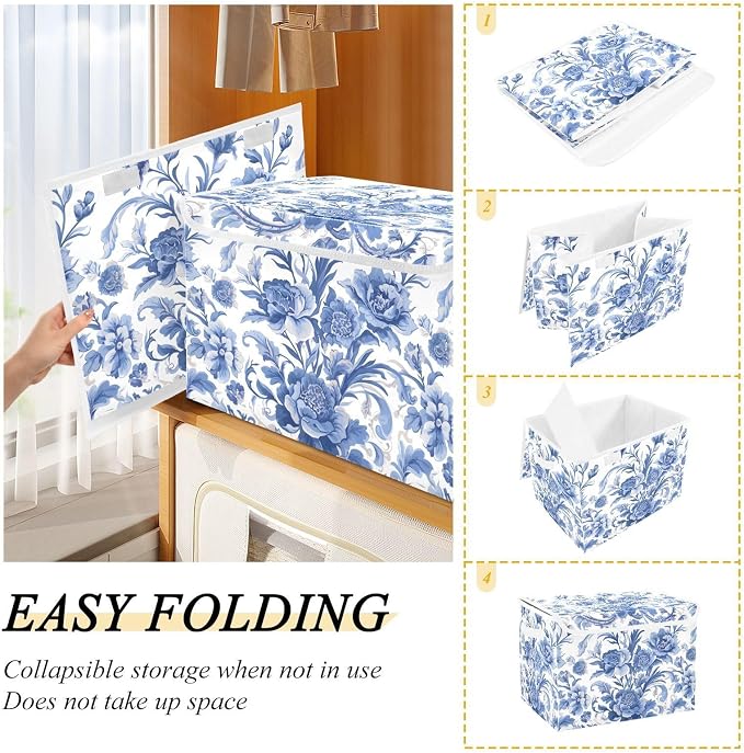 Flower Blue Lidded Storage Bins with Handles - 16.5"x12.6"x11.8" Foldable Organizing Box, Oxford Fabric & Honeycomb Board, Dust-Proof Flip Lid for Closet/Office