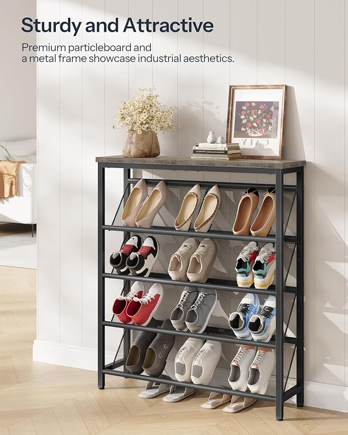 CHOEZON Shoe Rack, 5-Tier Slanted Shoe Storage Shelf, Narrow Shoe Rack for Entryway, Shoe Organizer with Adjustable Feet, Slim Shoe Shelf with Wooden Top and Metal Frame, Greige and Black TXJ02BG