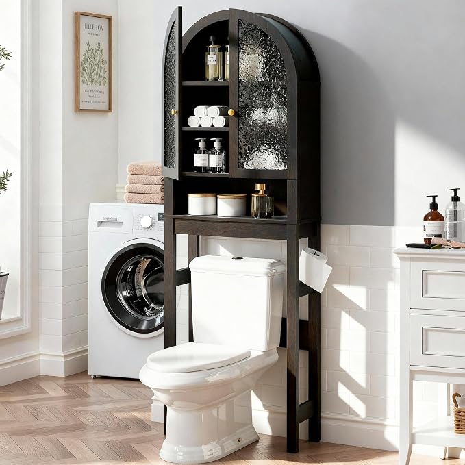 HMstone Over The Toilet Storage Cabinet, Arched Bathroom Organizer and Storage with Acrylic Doors and Adjustable Shelf, Space Saver Freestanding Bathroom Modern Storage Cabinet Over Toilet Dark Brown