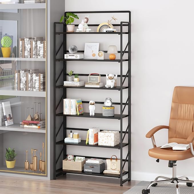 JSB 6 Tier No Assembly Folding Bookshelf, 30.3" Wide Foldable Storage Bookcase for Home Office, Space-Saving Storage Shelf for Living Room (Black)