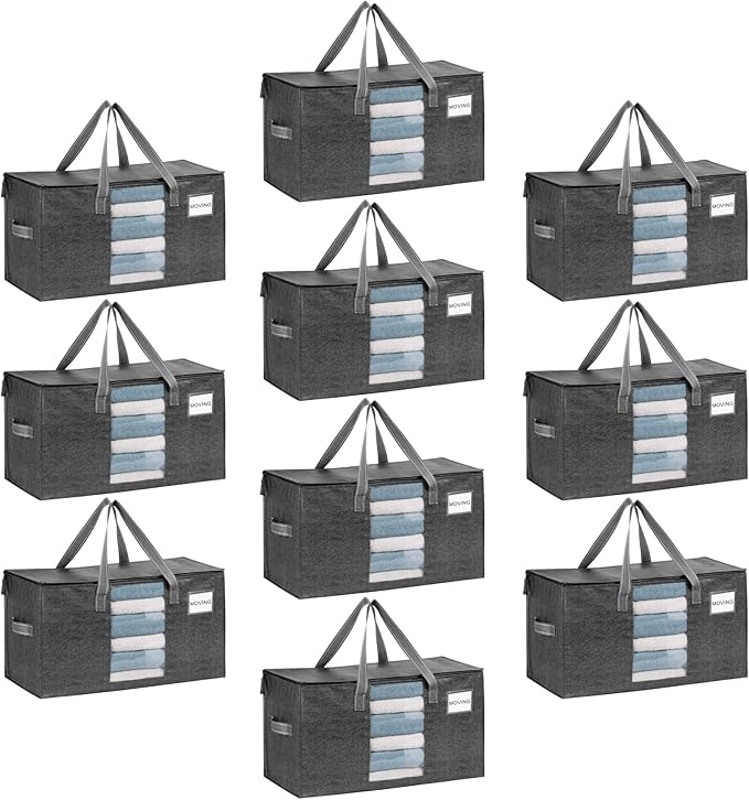 VENO 10 Pack Moving Bags, Comforter and Blanket Storage Bags for Closet, Moving Boxes, Boxes with Lids Alternative, College Dorm Packing Supplies, Foldable Heavy-Duty Tote with Window (Gray, 10 Pack)