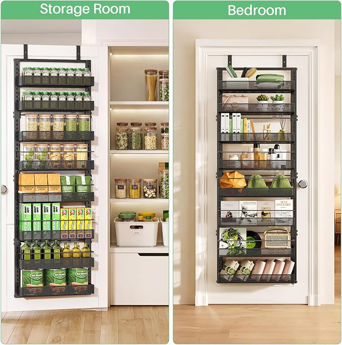 Over the Door Pantry Organizer - 8 Tiers Height Adjustable Pantry Organizers and Storage with Dense Mesh Baskets, Metal Door Hanging Spice Rack for Kitchen Bathroom (Black, 17.2" W x 6.2" D x 69.2" H)
