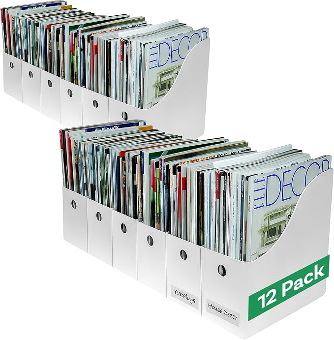 Evelots Magazine File Holder - Set of 12 White - Office Desk Organizer - Sturdy Cardboard - New Upgraded Double Front Panel for More Stability - Full 4 Inch Wide - Easy Assemble