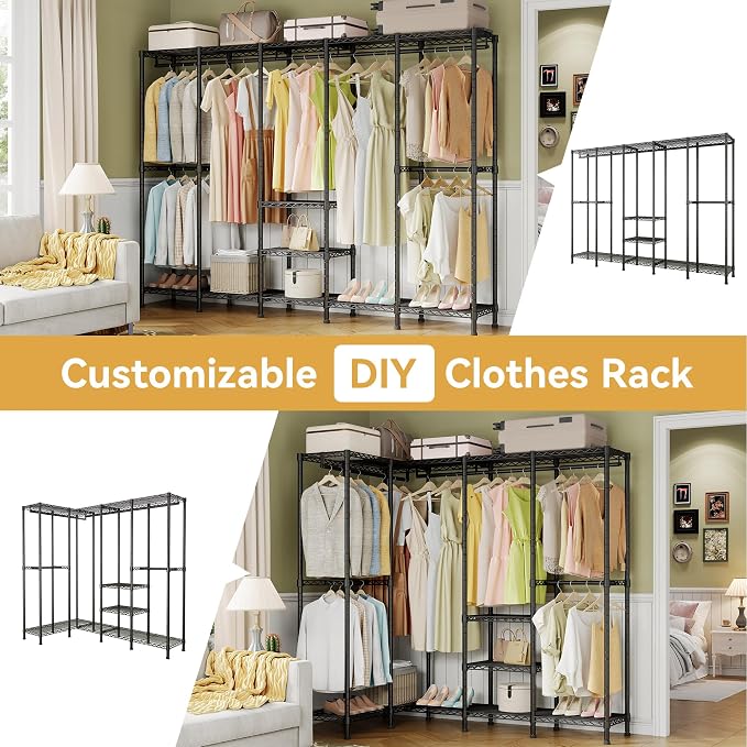 Higeego H5 Extra Large Wire Garment Rack, Heavy Duty Clothes Rack, Freestanding Clothing Rack for Hanging Clothes, Wardrobe Closet with Adjustable Shelf, 93.3" Wx15.7 Dx75.4 H, Black, Load 1400 lbs