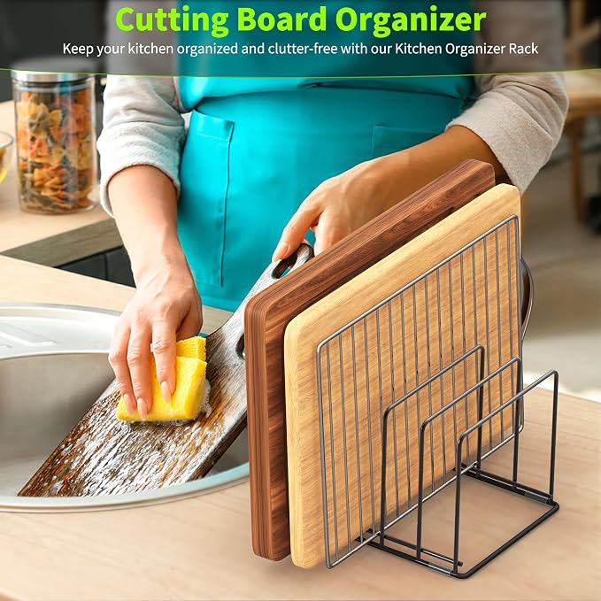 Kitchen Organizer Rack - 4-Slot Heavy-Duty Holder for Cutting Boards,Cookware – Rust-Resistant, Space-Saving Design with Non-Slip Feet for Countertop and Cabinet Storage (2 Pack)