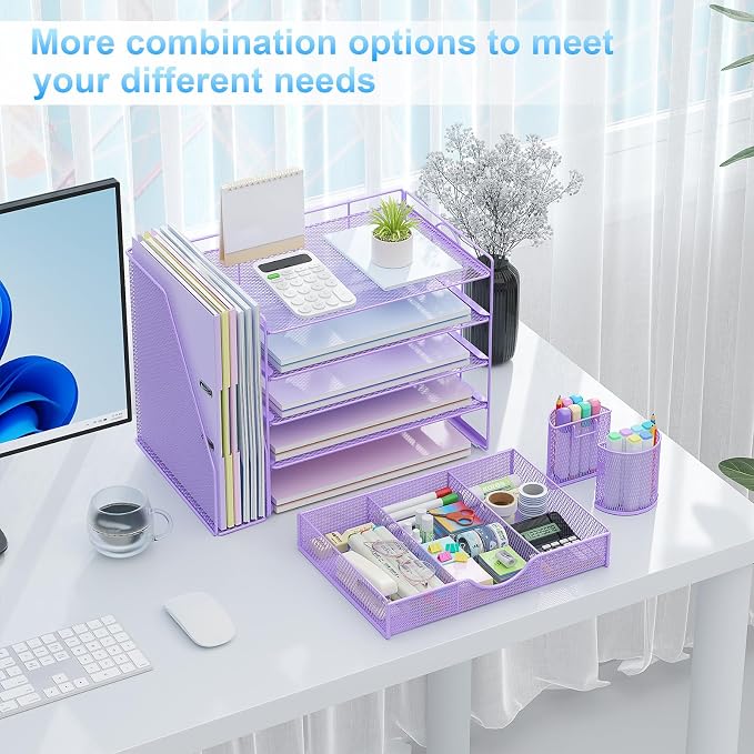 gianotter 5-Tier Desk Organizer with Drawers, File Holders, Letter Trays and Pen Holders - Workspace Accessories for Office Supplies (Light Purple)