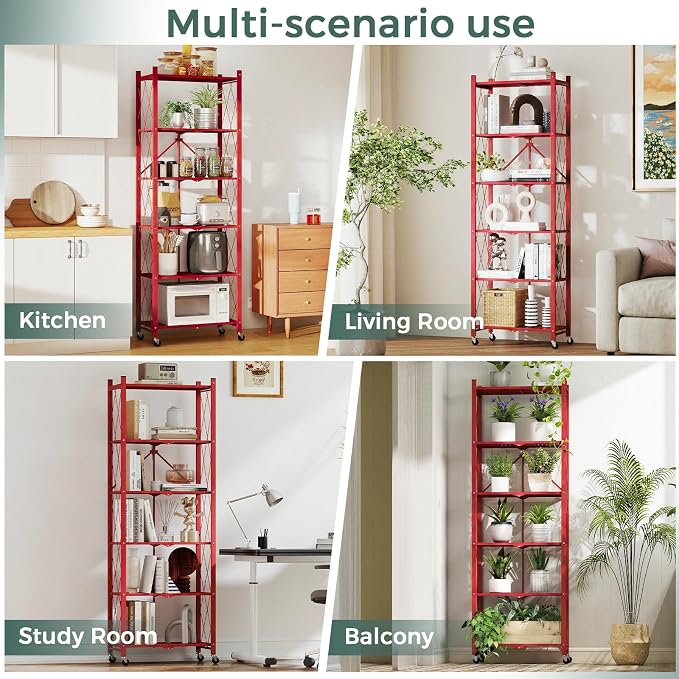 DEANIC 6-Shelf Folding Bookcase with Wheels, Heavy Duty Storage Shelves, Freestanding Metal Wire Shelving Unit for Living Room, Office, Kitchen, Basement, Pantry (Red)