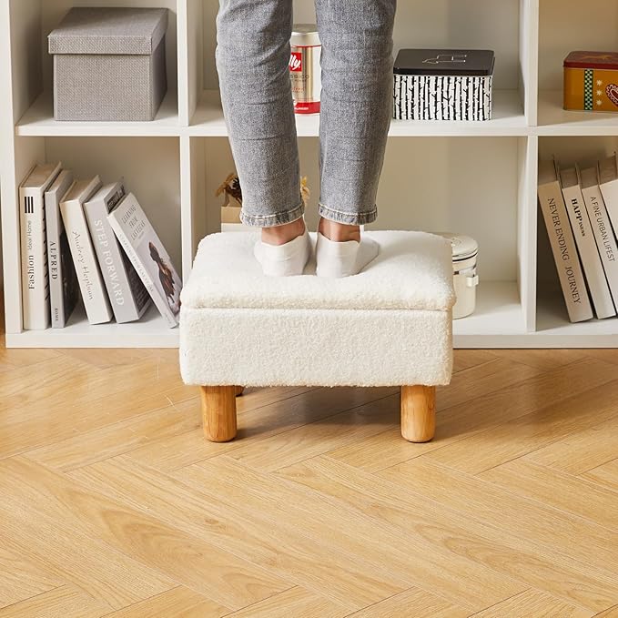 Aibiju Ottoman with Storage - Small Foot Rest for Couch 16x12x9.5inch, Safety Hinge Flip Top Stool Load up to 330lb for Living Room Dorm - Teddy White YD-JD136W